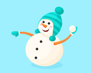 A cheerful snowman in a cartoon style throws a snowball. Vector illustration on the theme of New Year and Christmas. Friendly character.
