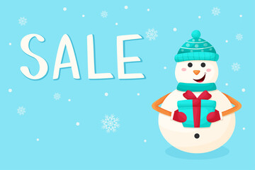 Vector banner winter discounts. Cute snowman in cartoon style with a gift. Symbols of the new year.
