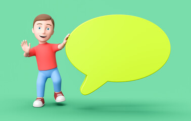 Young Kid 3D Cartoon Character with Blank Speech Bubble on Green with Copy Space