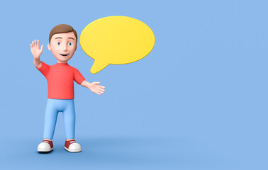 Young Kid 3D Cartoon Character with Blank Speech Bubble on Blue with Copy Space