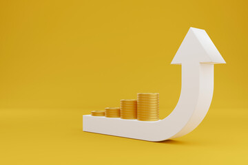 Arrow sign growth moving up and gold coin stack on yellow background. Concept of save money increase and investment growing. 3d illustration