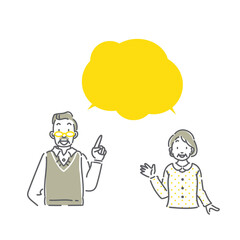 何かを紹介する笑顔のシニア夫婦　線画　シンプル