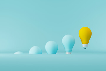 Light bulb yellow floating outstanding among lightbulb light blue on background. Concept of creative idea and innovation, Think different, Individual and standing out from the crowd. 3d illustration