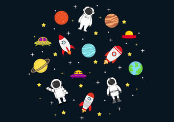 Astronaut With Rocket Background Illustration For Explore In Outer Space And Movement See Stars, Moon, Planets, Ufo Or Asteroids