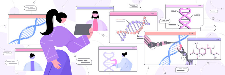 scientist analyzing DNA structure in web browser window researcher making experiment in online lab DNA testing genetic engineering