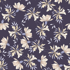 Naklejka na ściany i meble watercolor illustration seamlesas pattern pale flowers with blue leaves on a background,for fabric,wallpaper or furniture