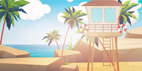 Obraz premium Beach rescue post. Beach, palm trees, lifebuoy. Cartoon style, vector illustration.