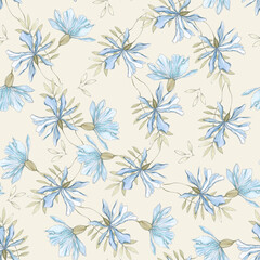 watercolor illustration seamlesas pattern pale  flowers with blue leaves on a background,for fabric,wallpaper or furniture