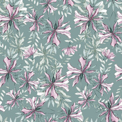 watercolor illustration seamlesas pattern pale  flowers with blue leaves on a background,for fabric,wallpaper or furniture