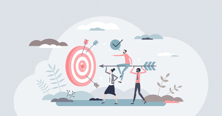 Fototapeta na wymiar Aim to target as business teamwork effort and goal focus tiny person concept. Company growth and successful strategy management with effective team communication and group unity vector illustration.
