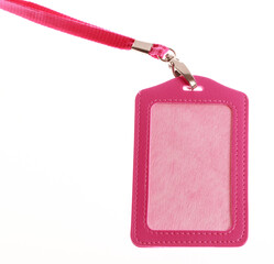 Blank badge mockup bright color isolated on white. Plain empty name tag mock up hanging on neck with string, name Tag.