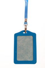 Blank badge mockup bright color isolated on white. Plain empty name tag mock up hanging on neck with string, name Tag.