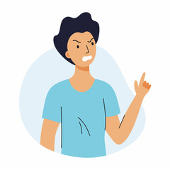 Angry man swears and shakes his finger. Choleric type of temperament. Human emotions.