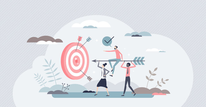Aim to target as business teamwork effort and goal focus tiny person concept. Company growth and successful strategy management with effective team communication and group unity vector illustration.