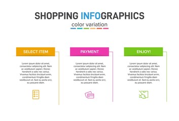 Concept of shopping process with 3 successive steps. Three colorful graphic elements. Timeline design for brochure, presentation, web site. Infographic design layout.