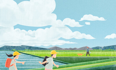 田園風景（小学生と犬の散歩）水彩風手書きイラスト