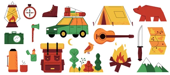 Fotobehang Camp. Adventure tourism and hiking cartoon elements. Tools for camping. Automobile or map. Outdoor recreation in mountains. Backpack and campfire or guitar. Vector tourist equipment set © SpicyTruffel