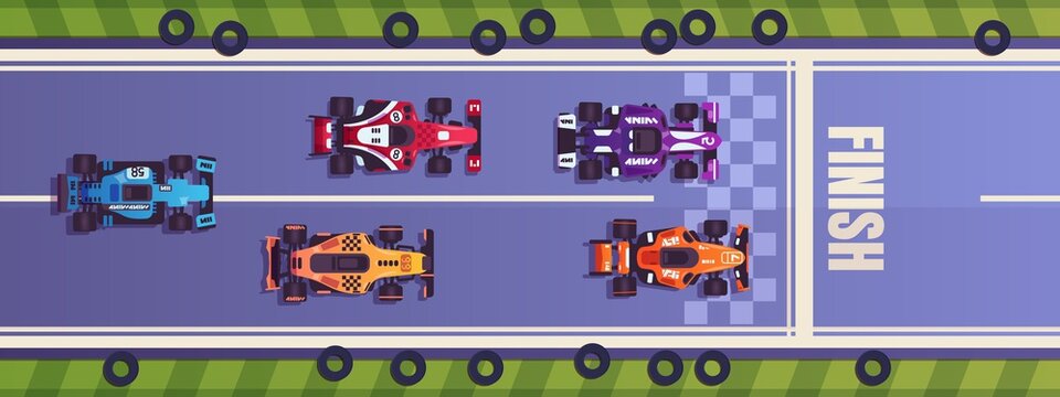 Race. Cartoon Formula One Competition. Top View Of Racing Cars Driving On Road. Bolides Crossing Finish Line. Rally Extreme Championship Of High-speed Transport. Vector Automobiles Traffic