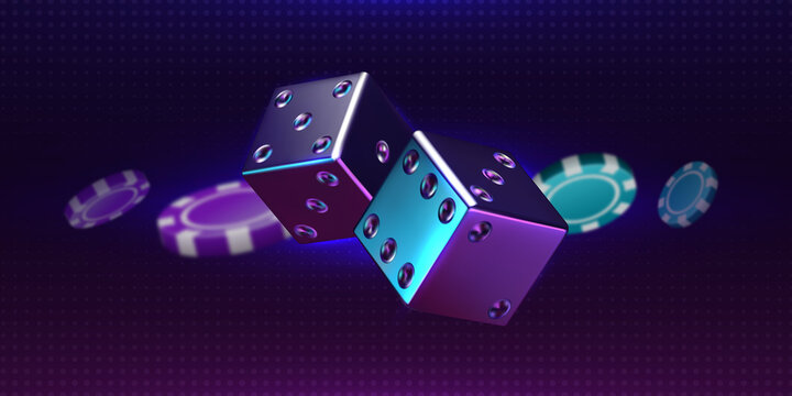 Casino background. Realistic thrown pair of dice and playing chips. Luxury gambling 3D elements. Rolling cubes with iridescent holographic effect. Vector online betting and risky games