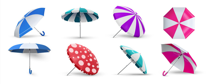 Beach umbrella. Realistic parasols. 3D equipment for protection of sunlight or rain. View from different sides on coast striped canopy. Pool sunshade templates. Vector accessories set