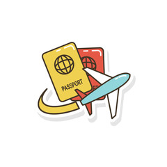 Passport and plane travel icon sticker style travel icon