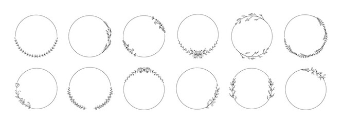 Circle wreath frame. Hand drawn floral wedding branch with leaves. Elegant decorative elements set. Black and white natural borders. Vector calligraphic ornaments for invitation cards