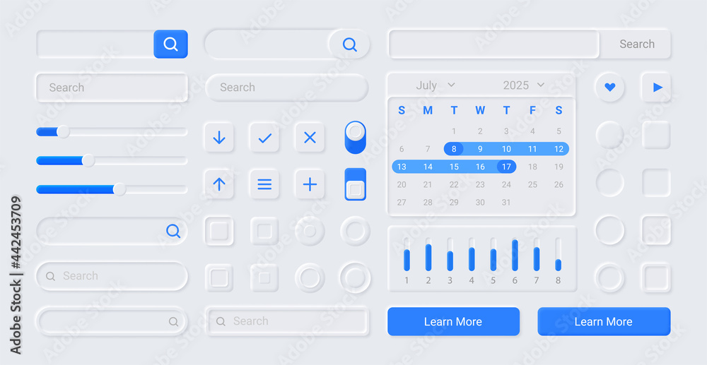 Poster Neumorphic UI kit. Screen buttons. Search forms and icons for web application or infographic. Calendar and indicators templates. Digital panel mockup. Vector interface elements set