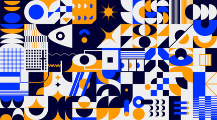 Abstract brutalism background. Geometric minimalistic forms, contemporary graphic collage. Bright shapes blue or orange circles, black and white grid elements. Vector avant-garde art
