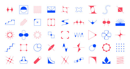Technology abstract shapes. Modern geometric business logo with contemporary brutalism elements. Red or blue contour line forms and silhouettes. Vector isolated minimalistic figures set
