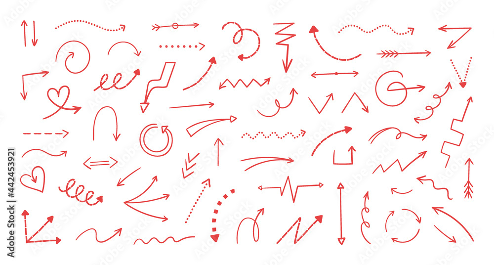 Poster doodle arrows. hand drawn direction signs. cartoon abstract sketch. pencil graphic art. mathematic r