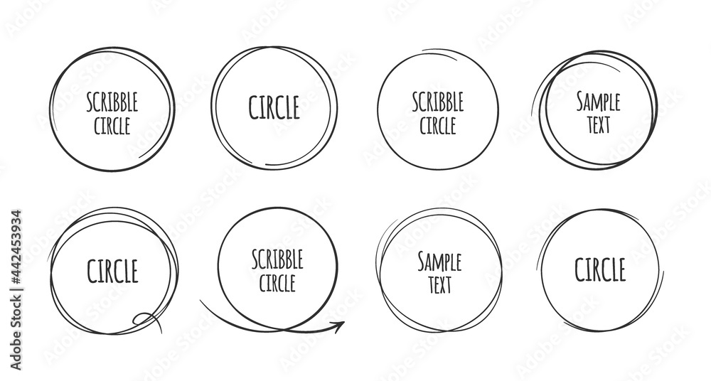 Poster hand drawn circles. doodle round frames for text. black line sketches set. abstract geometric scribb