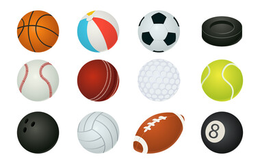 Fototapeta premium Cartoon balls. Sport inventory. Spheres for playing basketball and football, tennis or baseball. Hockey puck. Isolated bowling and billiards professional equipment. Vector games tools set