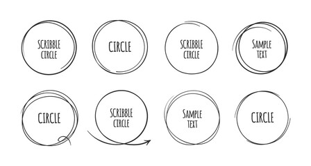 Hand drawn circles. Doodle round frames for text. Black line sketches set. Abstract geometric scribble shape. Minimalistic decorative elements with copy space. Vector contour figures
