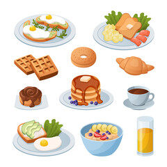 Morning food. Cartoon breakfast meals. Glass of juice and toast with scrambled eggs. Cup full of coffee or bowl of porridge. Croissant and pancakes. Vector traditional lunch snacks set