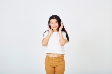 woman with headphones on white background