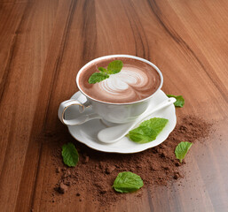hot chocolate cafe mocha drink with mint leaf in beautiful England white cup hot coffee beverage menu