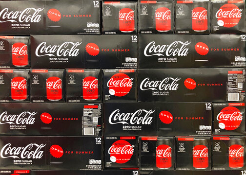 Alameda, CA - June 24, 2021: Grocery store display with stacked cases of Coca Cola brand Coke Zero. Zero Sugar, Zero Calories.