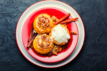 Baked apples with ice cream and oatmeal,sweet food