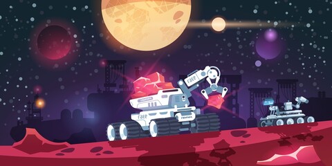 Alien colony. Cartoon red planet base with si-fi exploration transport. Space discovery mission. Cosmic robots explore Mars surface. Futuristic galactic landscape. Vector illustration
