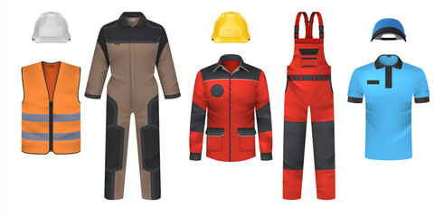 Realistic uniform. Workwear clothes mockup. Jumpsuit and t-shirt, bright jacket or vest. Safety outfit with helmet. Clothing for courier and workman. Vector professional garments set