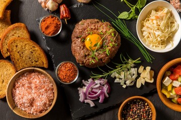 Steak tartar with chopped onion and herbs on a black slate board.Traditional homemade French steak tartare of raw beef.