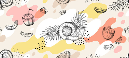 Doodle coco pattern. Hand drawn seamless texture of tropical coconuts and palm leaves. Abstract spotted shapes and exotic plants sketches. Natural nuts pieces. Vector summer background