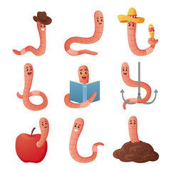 Soil worm. Cartoon earthworm mascot with funny faces. Happy and curious insect in various poses. Pink creatures crawling. Cute character with hats and fishing hook. Vector animals set