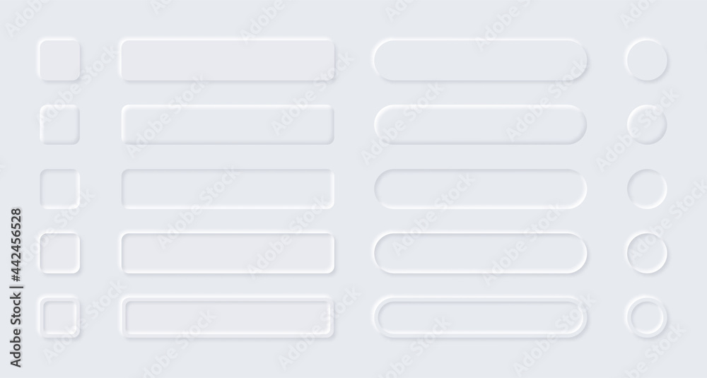 Poster Neumorphic UI buttons. Modern minimal web layout with input fields. Square or round interface elements. White graphic shapes set. Vector digital panel icons with shadow and copy space