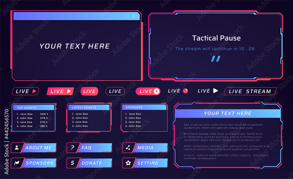 Poster Live streaming interface. UI frames for video conference. Buttons and list of sponsors. Technical pause screen. Multimedia player. Blank borders with copy space. Vector elements set
