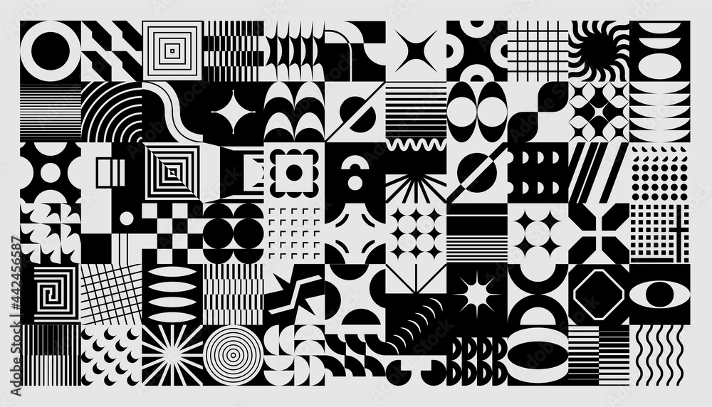 Poster abstract background. geometric collage with minimalistic and brutalist shapes. concentric circles an