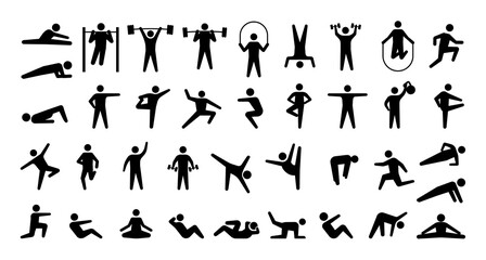 Fototapeta na wymiar Human sport icons. Training persons silhouettes. Signs of people doing fitness and weightlifting exercises or practicing yoga. Stretching or bodybuilding workout. Vector symbols set