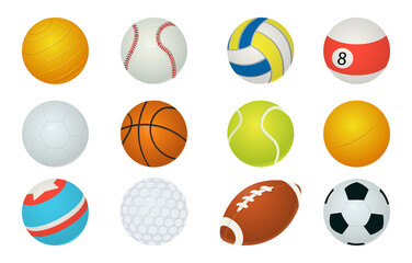 Sport balls. Cartoon soccer and baseball, rugby or basketball game spheres. Active hobby inventory. Professional tools for tennis, billiards and golf. Fitness equipment, vector set