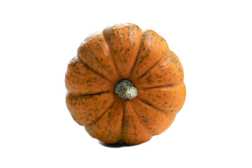 small orange decorative pumpkin isolated on white background. top view.