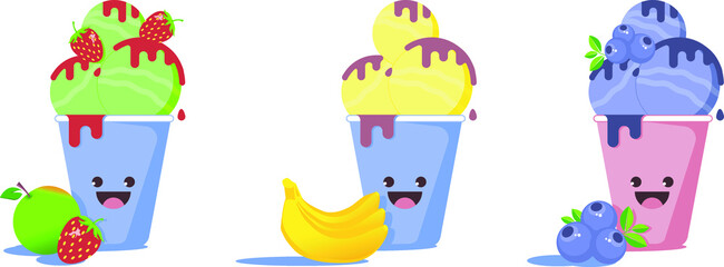 Fototapeta premium This is a vector image of an ice cream cup. These are three fruit ice-cream with jam, chocolate and fruits. The illustration can be used as an advertisement, postcard or stickers.